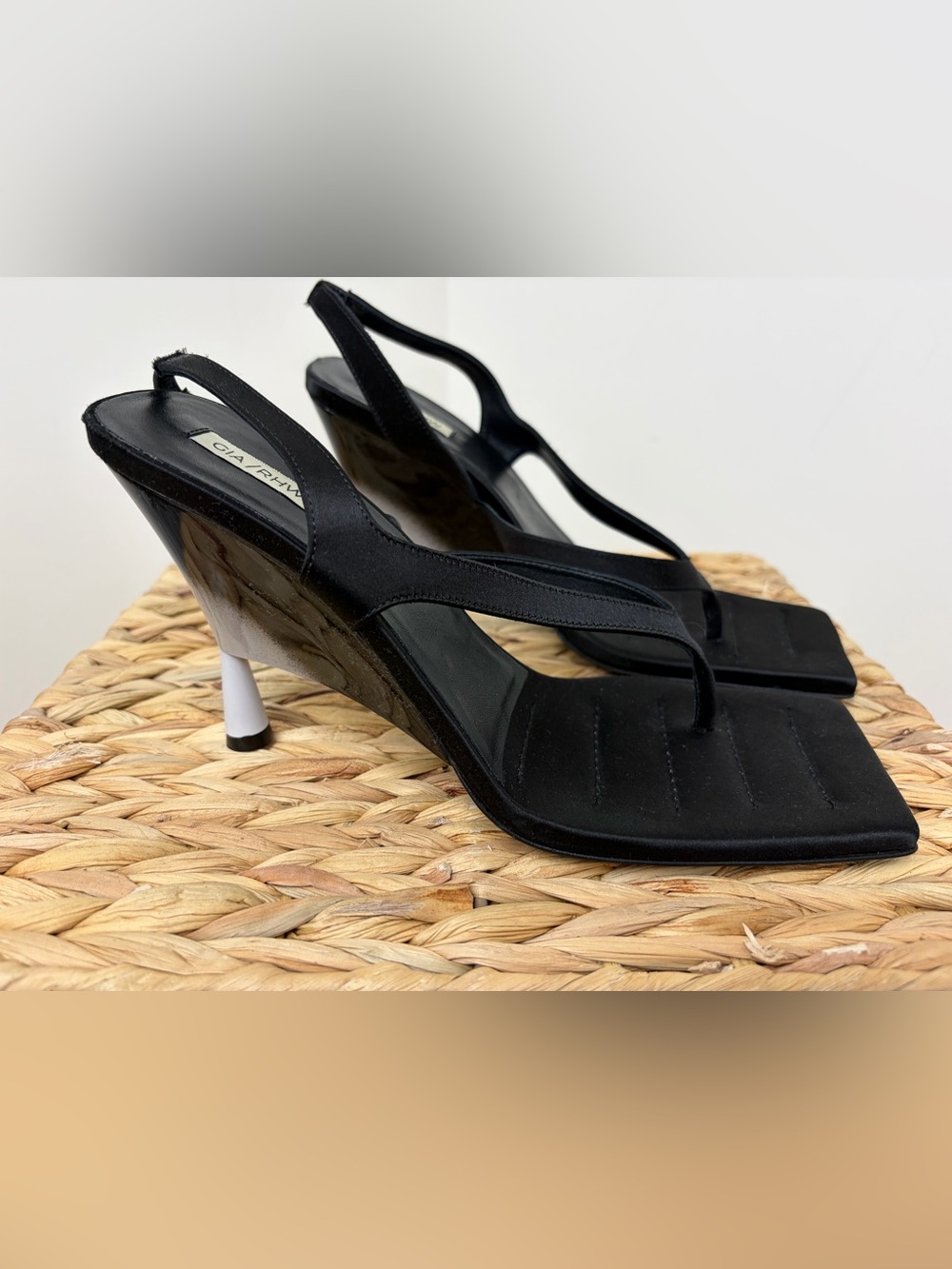 Gia Borghini Black Slingback Thong Heels with White Heel